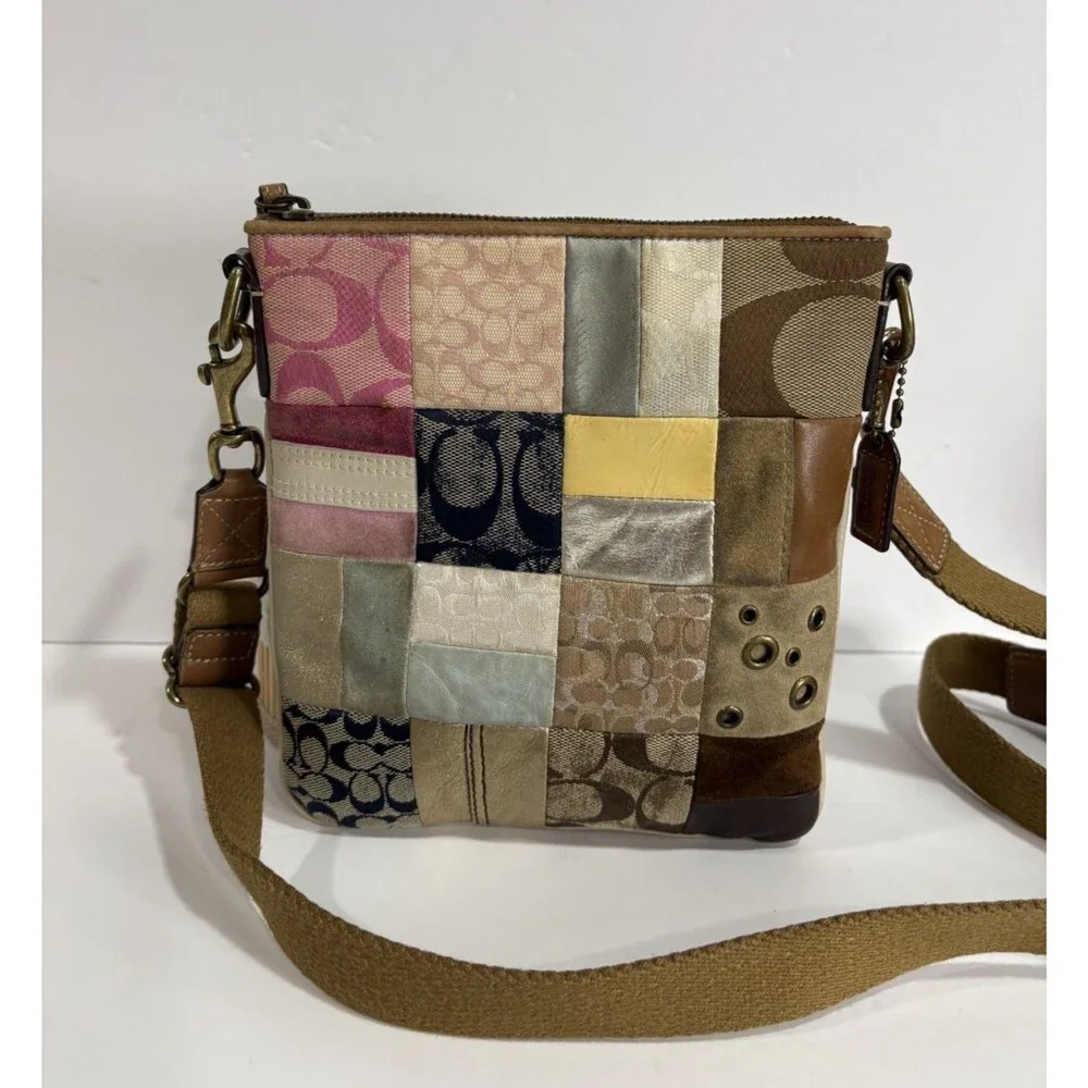Vtg Coach Signature Patchwork Crossbody Bag Mix Canvas Suede Leather Multicolor